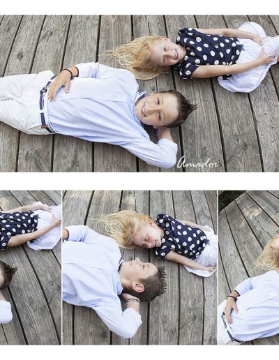serie de fotos de niños tumbados sobre pasarela de madera